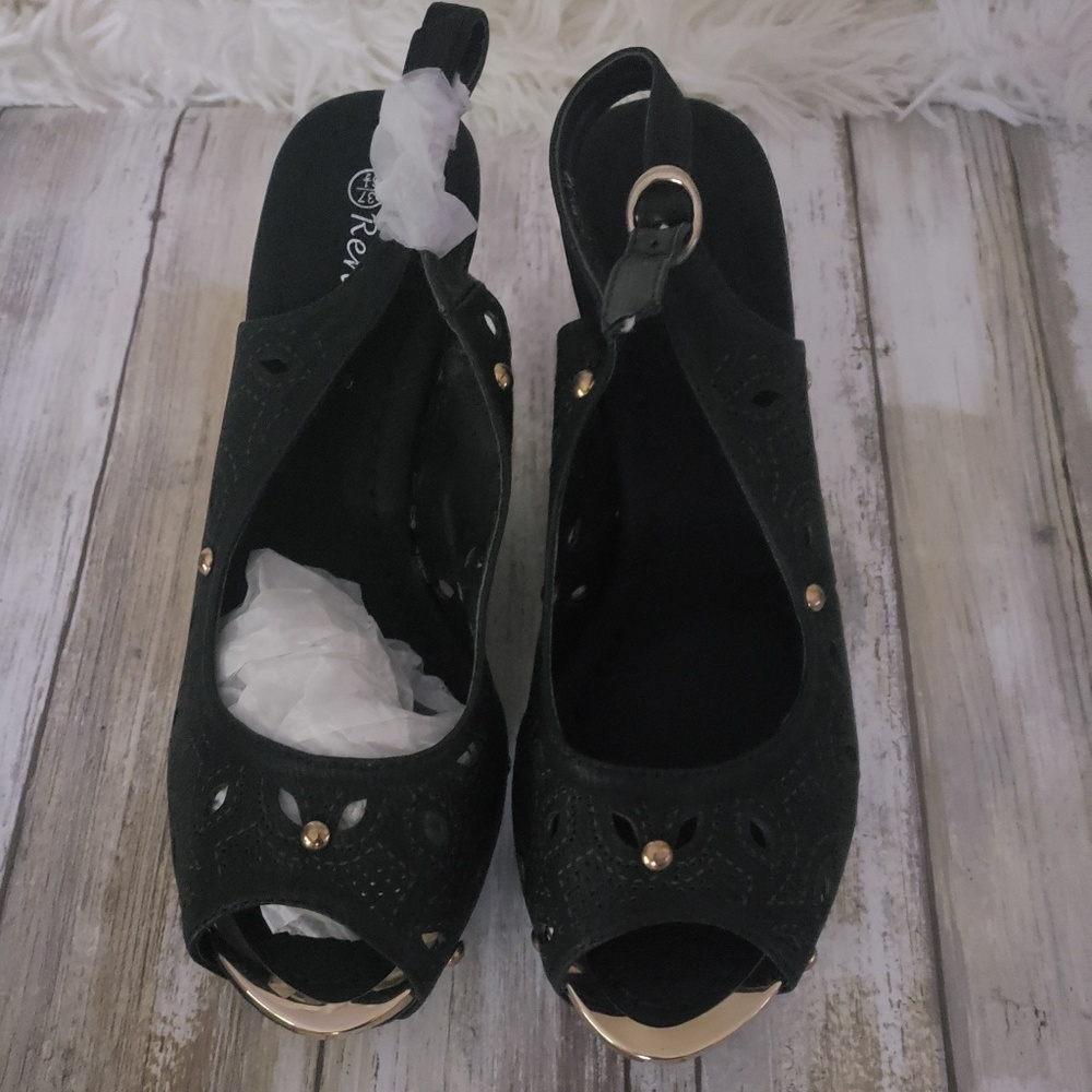 Size 6.5 Black wedges with gold embellishments